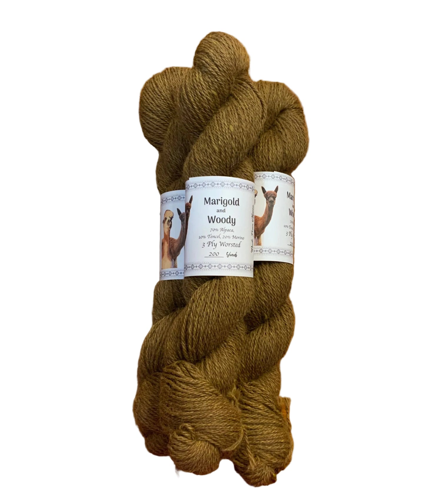Woody and Marigold 3ply worsted 20% merino 10% tencel