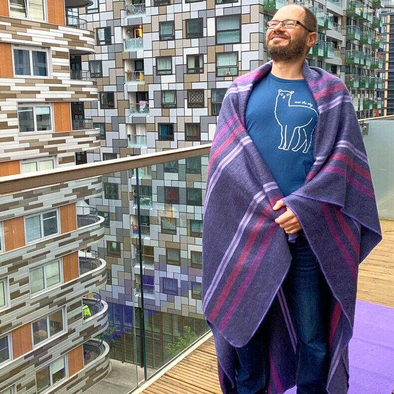 Soft & Warm Baby Alpaca Wool Throw Blanket / Sofa Cover - Queen 97" x 67" - striped pattern blue/purple/violet