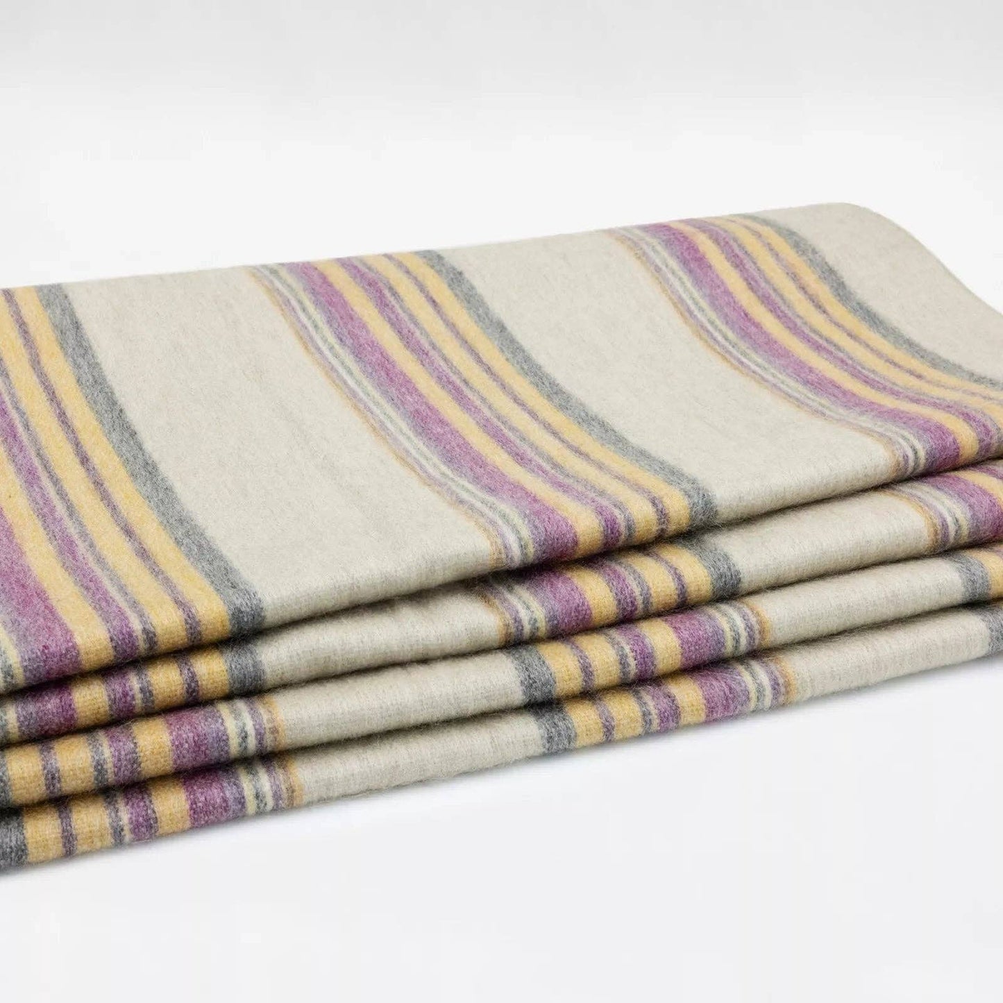 Quijos - Fine Alpaca Wool Blanket - Queen 96 x 65 in - Multicolor Stripes in Lavender, Gold & Gray