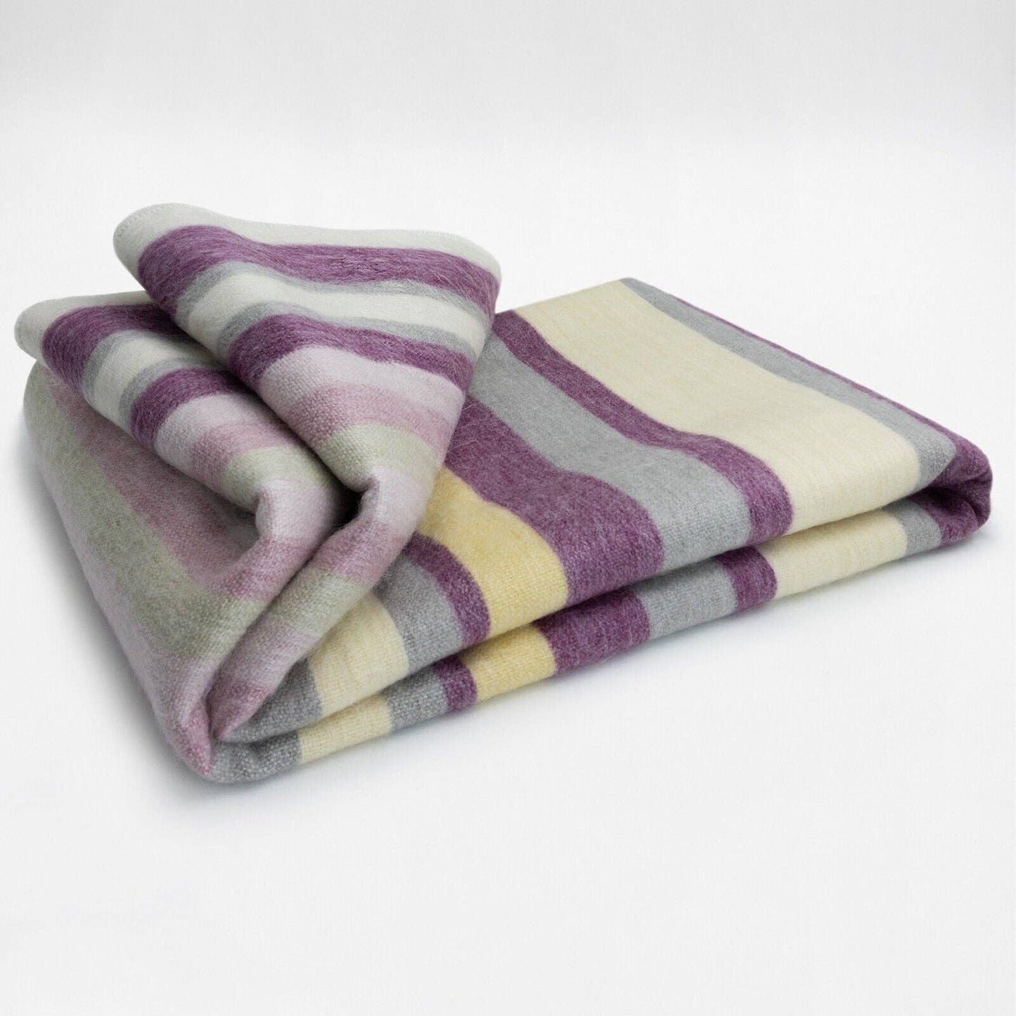 Saraguro - Baby Alpaca Wool Blanket - Queen 96 x 67 in - Multicolor Striped in Plum, Lavender, Ivory, and Grey