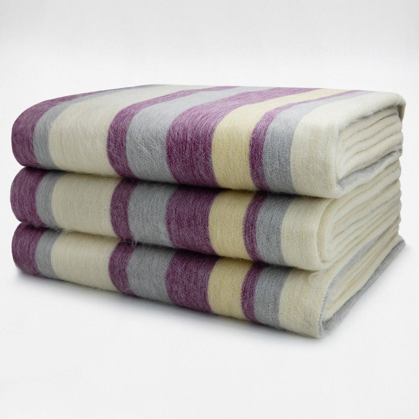 Saraguro - Baby Alpaca Wool Blanket - Queen 96 x 67 in - Multicolor Striped in Plum, Lavender, Ivory, and Grey