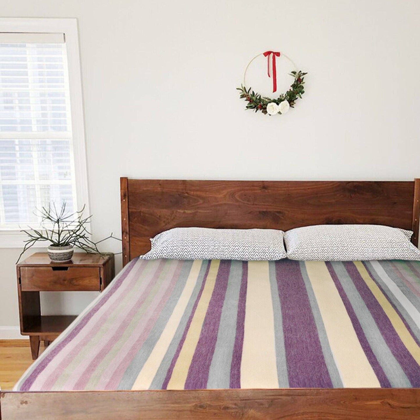 Saraguro - Baby Alpaca Wool Blanket - Queen 96 x 67 in - Multicolor Striped in Plum, Lavender, Ivory, and Grey