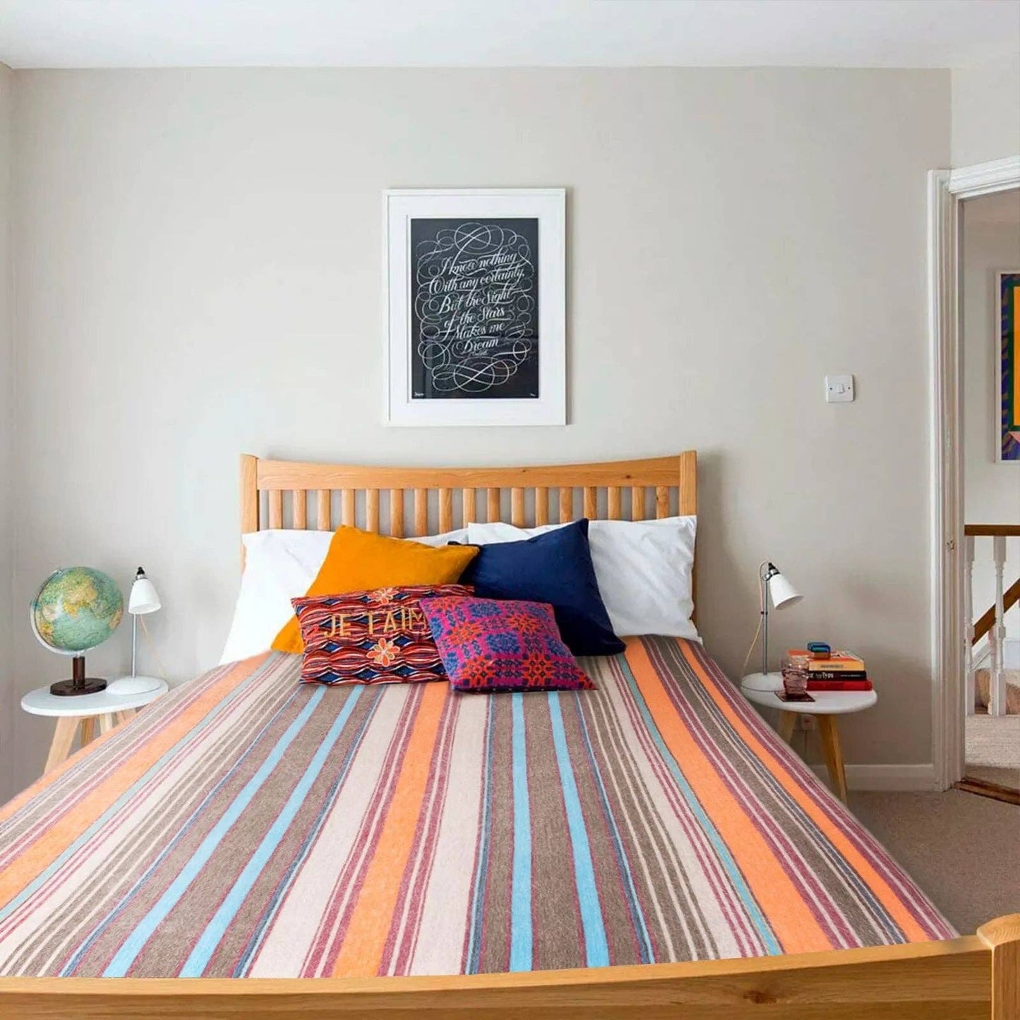 Yacullacta - Baby Alpaca Wool Blanket  - Queen 96 x 67 in - Multicolor Striped In Orange Blue Taupe