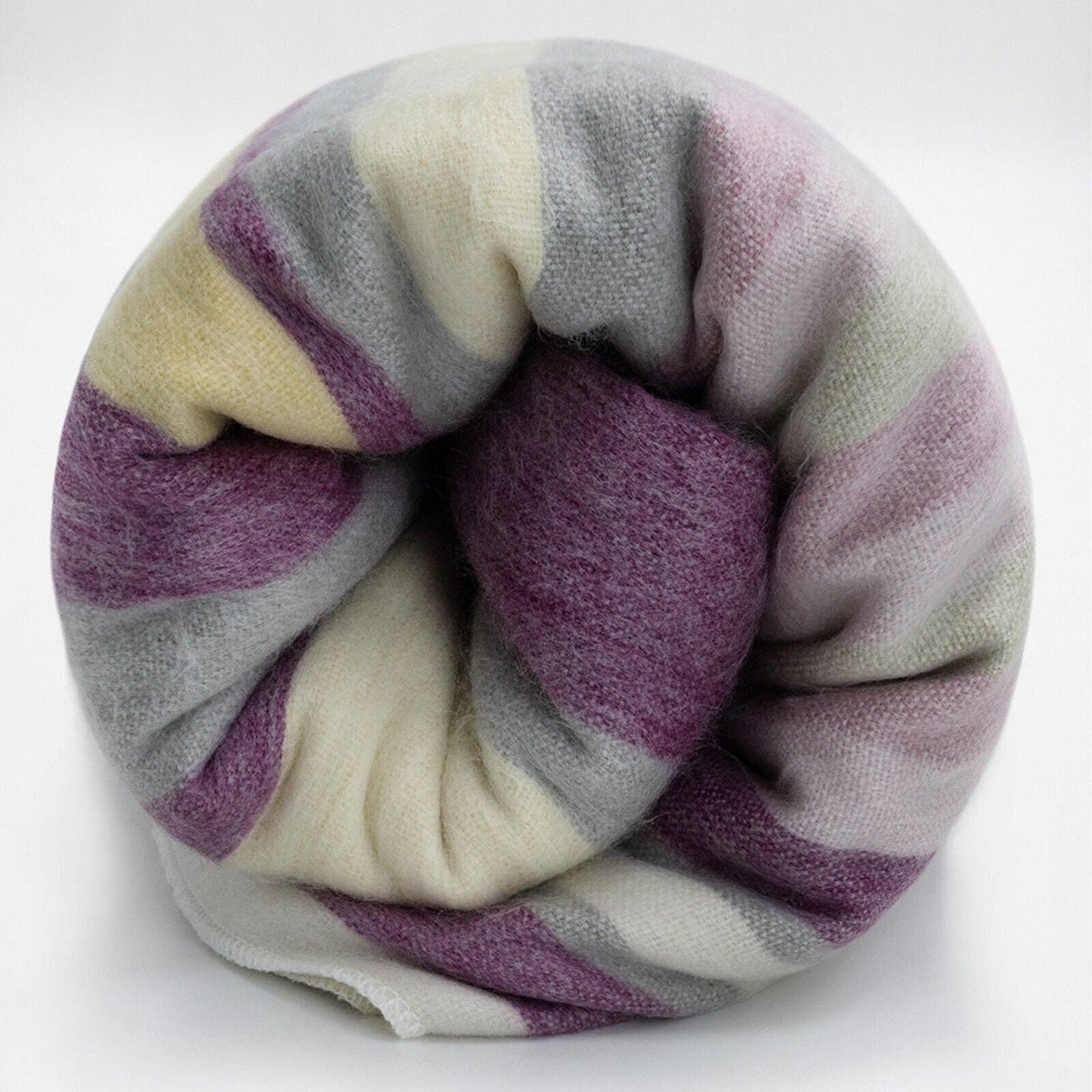 Saraguro - Baby Alpaca Wool Blanket - Queen 96 x 67 in - Multicolor Striped in Plum, Lavender, Ivory, and Grey