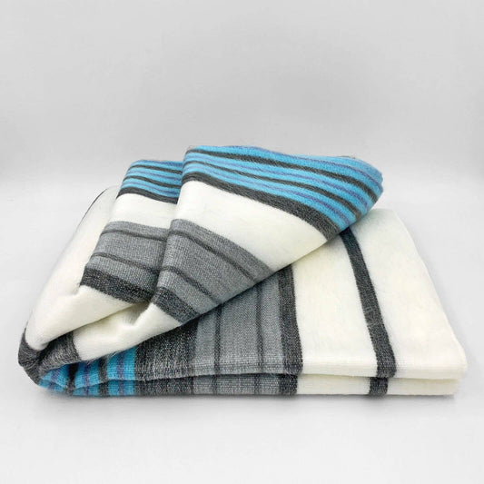 Soft & Warm Baby Alpaca Wool Blanket - Queen 90" x 65" - striped pattern white/cyan/gray