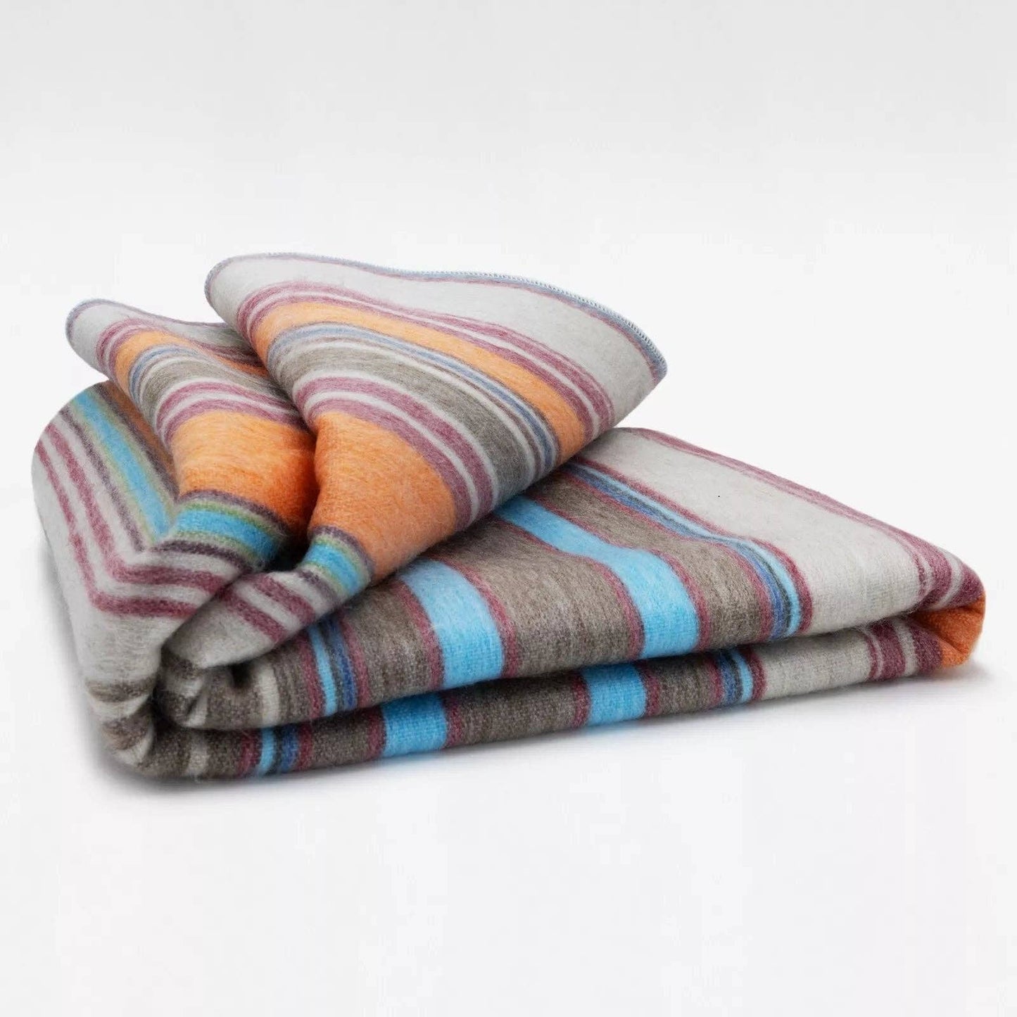 Yacullacta - Baby Alpaca Wool Blanket  - Queen 96 x 67 in - Multicolor Striped In Orange Blue Taupe