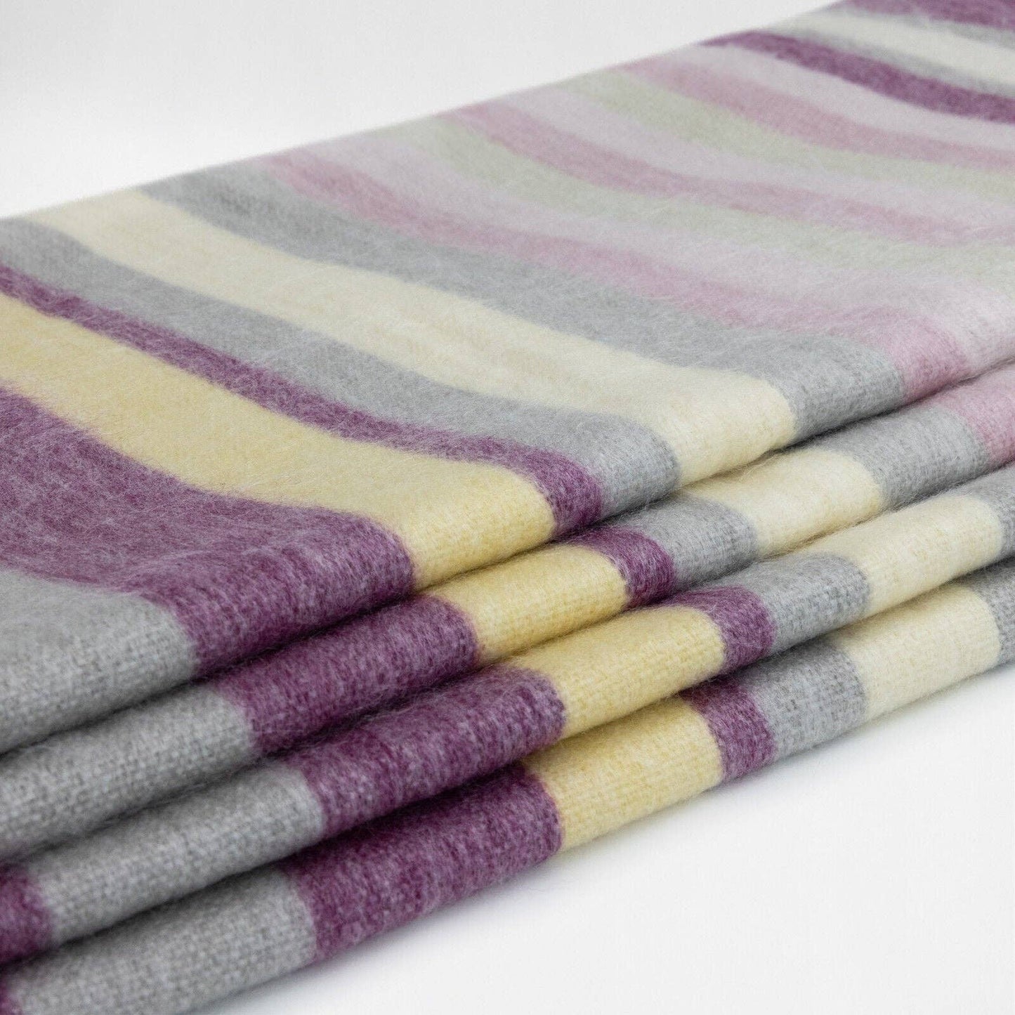 Saraguro - Baby Alpaca Wool Blanket - Queen 96 x 67 in - Multicolor Striped in Plum, Lavender, Ivory, and Grey