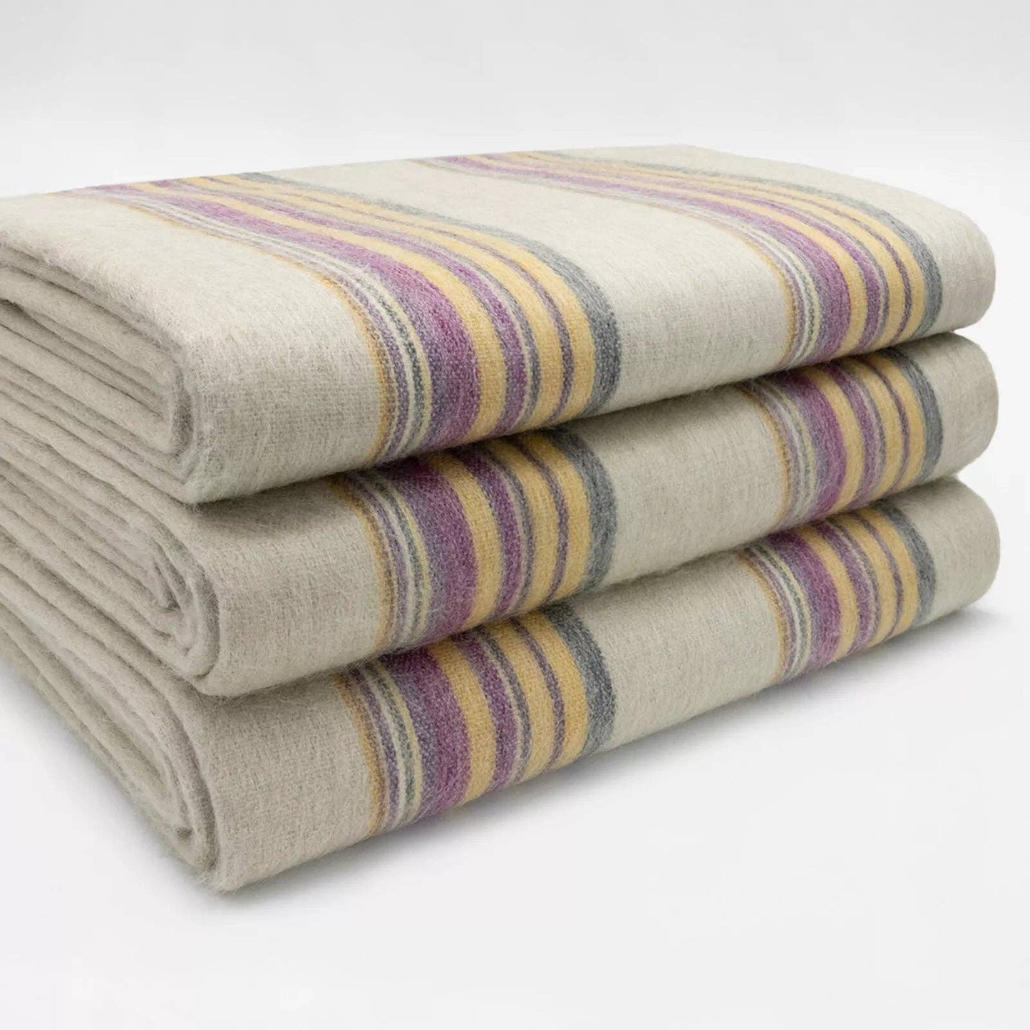 Quijos - Fine Alpaca Wool Blanket - Queen 96 x 65 in - Multicolor Stripes in Lavender, Gold & Gray
