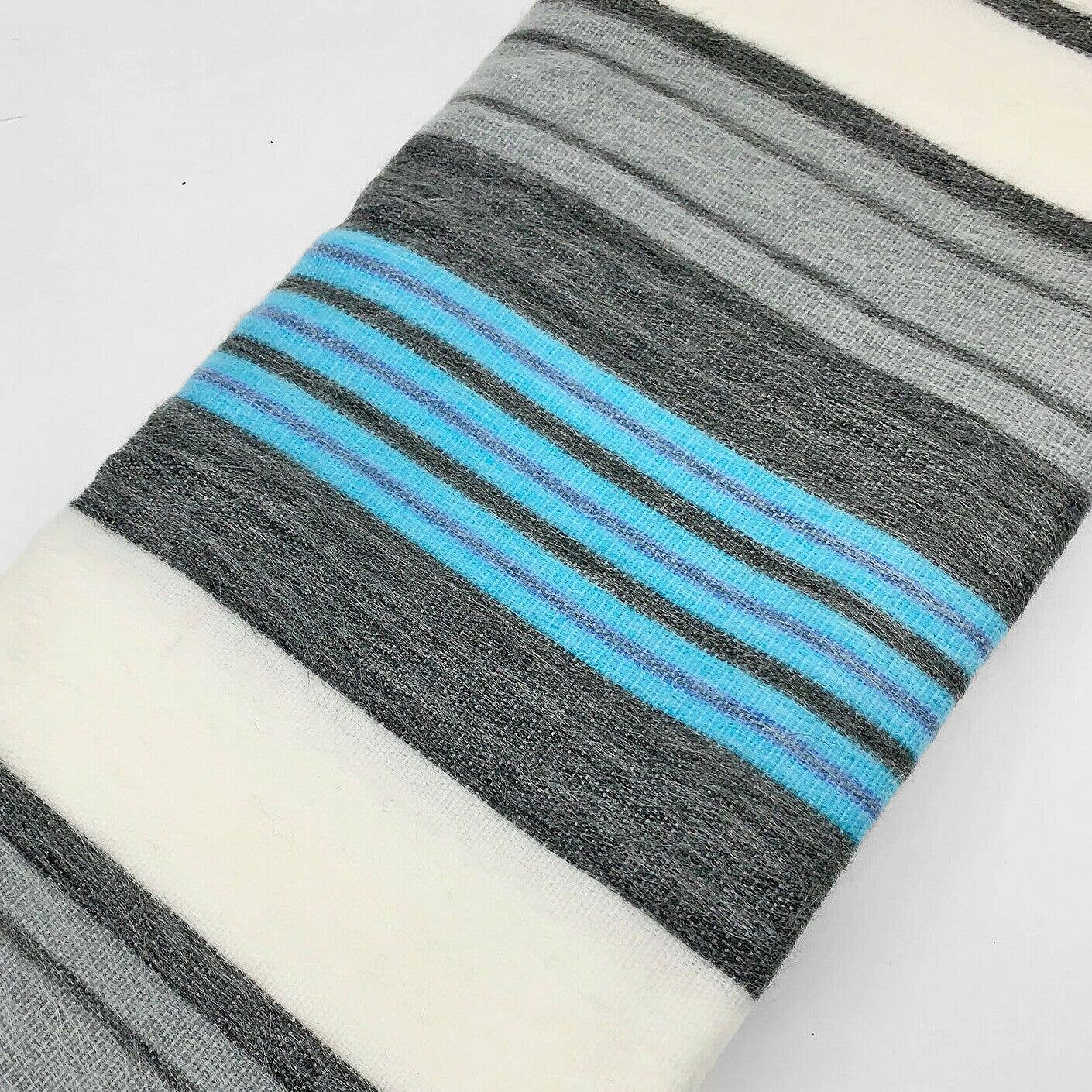 Soft & Warm Baby Alpaca Wool Blanket - Queen 90" x 65" - striped pattern white/cyan/gray