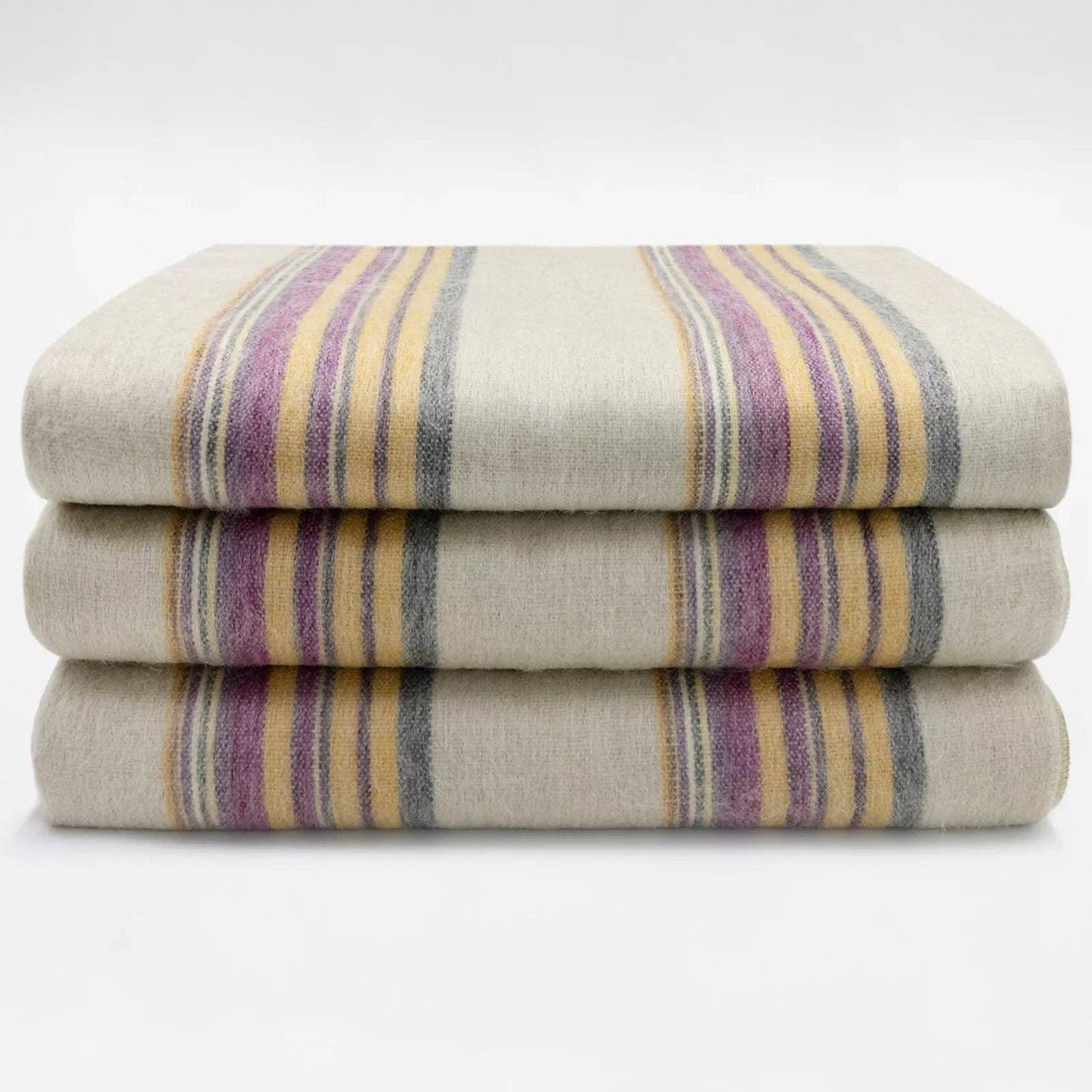 Quijos - Fine Alpaca Wool Blanket - Queen 96 x 65 in - Multicolor Stripes in Lavender, Gold & Gray