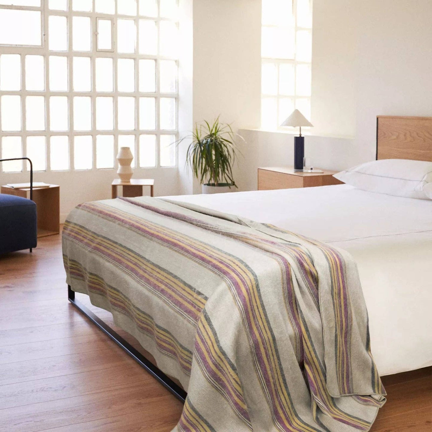 Quijos - Fine Alpaca Wool Blanket - Queen 96 x 65 in - Multicolor Stripes in Lavender, Gold & Gray