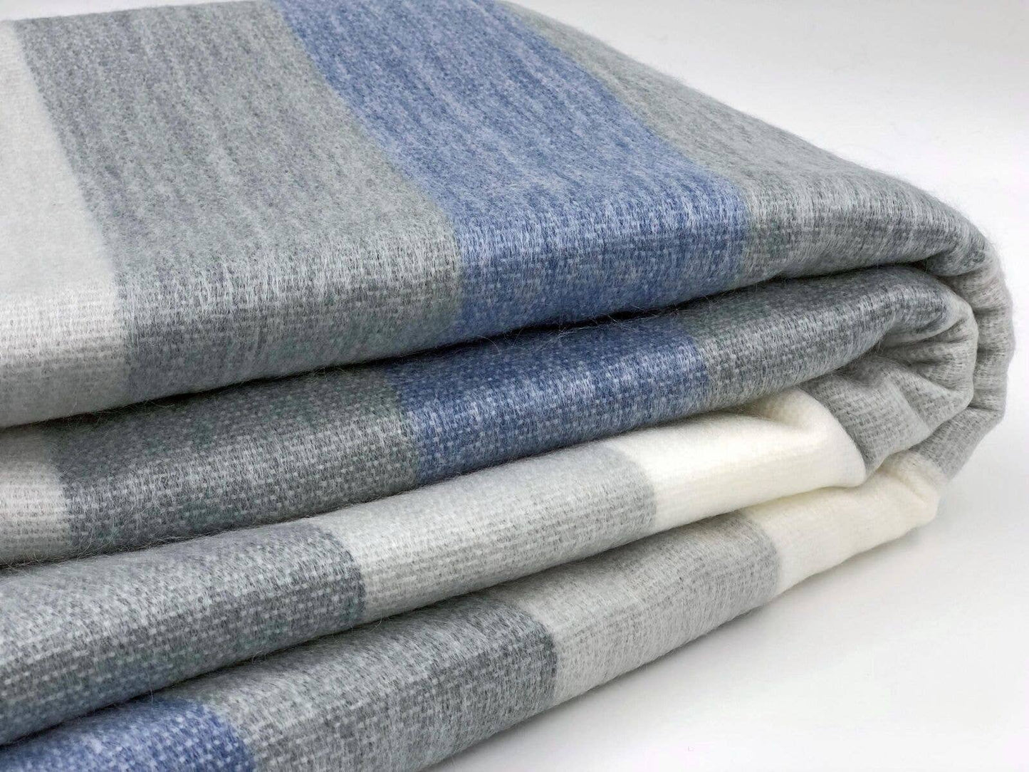 Soft & Warm Baby Alpaca Wool Blanket - Queen 90" x 65" - Thick Stripes Pattern White/Blue/Gray