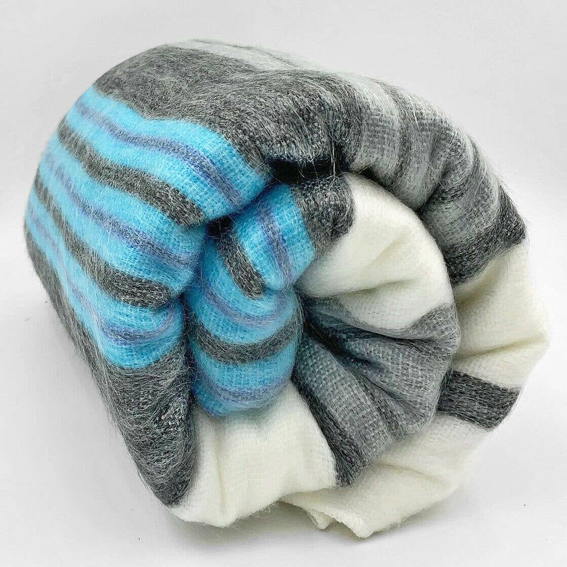 Soft & Warm Baby Alpaca Wool Blanket - Queen 90" x 65" - striped pattern white/cyan/gray