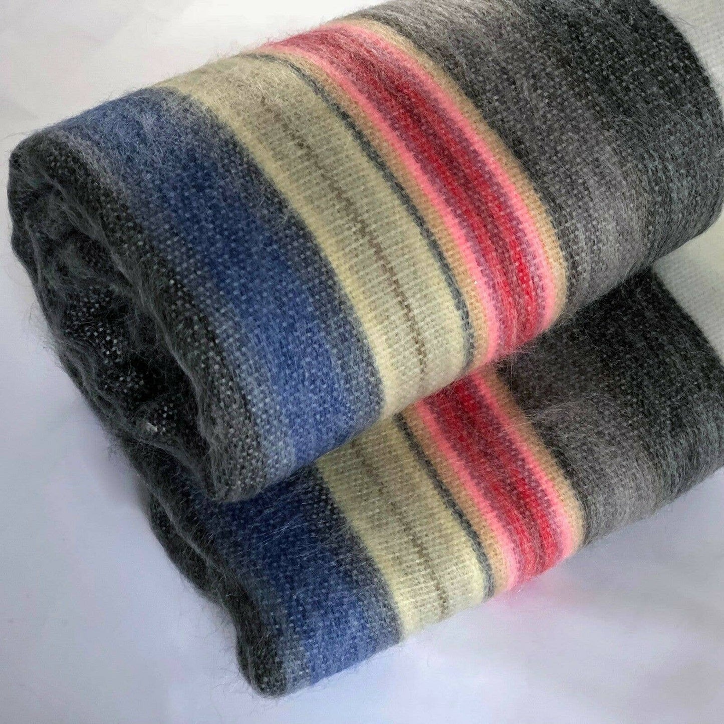 Soft & Warm Baby Alpaca Wool Throw Blanket / Sofa Cover - Queen 90" x 65" - multi colored thin stripes pattern