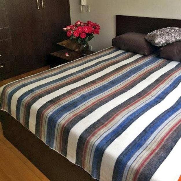 Soft & Warm Baby Alpaca Wool Throw Blanket / Sofa Cover - Queen 90" x 65" - multi colored thin stripes pattern