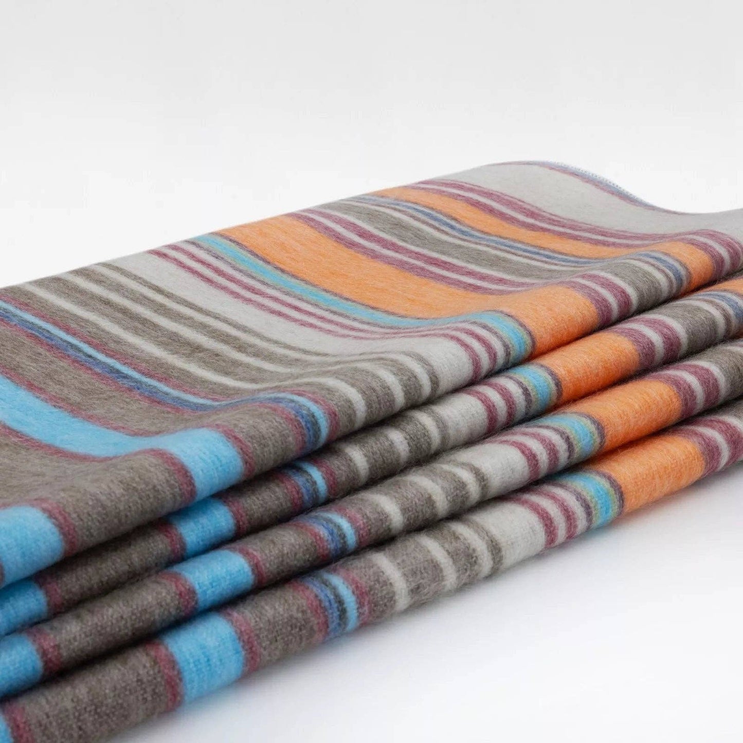 Yacullacta - Baby Alpaca Wool Blanket  - Queen 96 x 67 in - Multicolor Striped In Orange Blue Taupe
