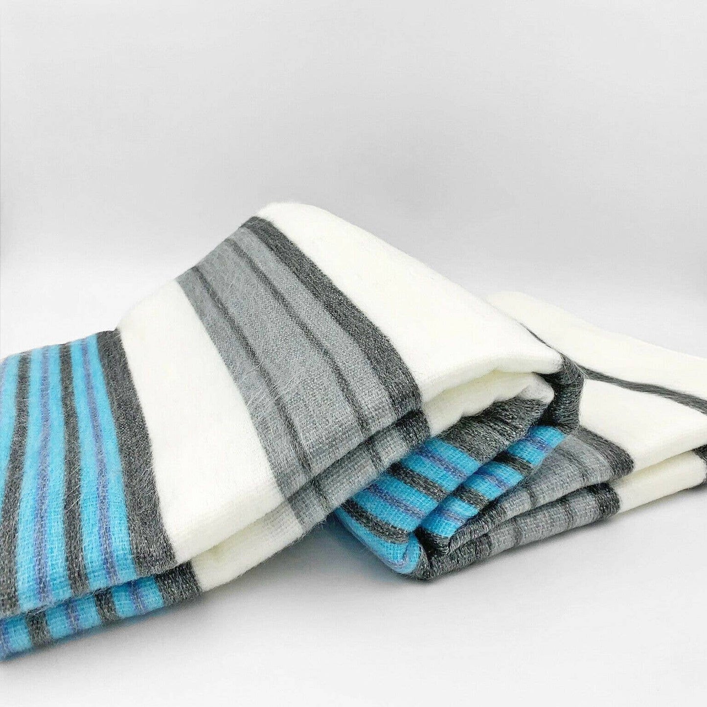 Soft & Warm Baby Alpaca Wool Blanket - Queen 90" x 65" - striped pattern white/cyan/gray