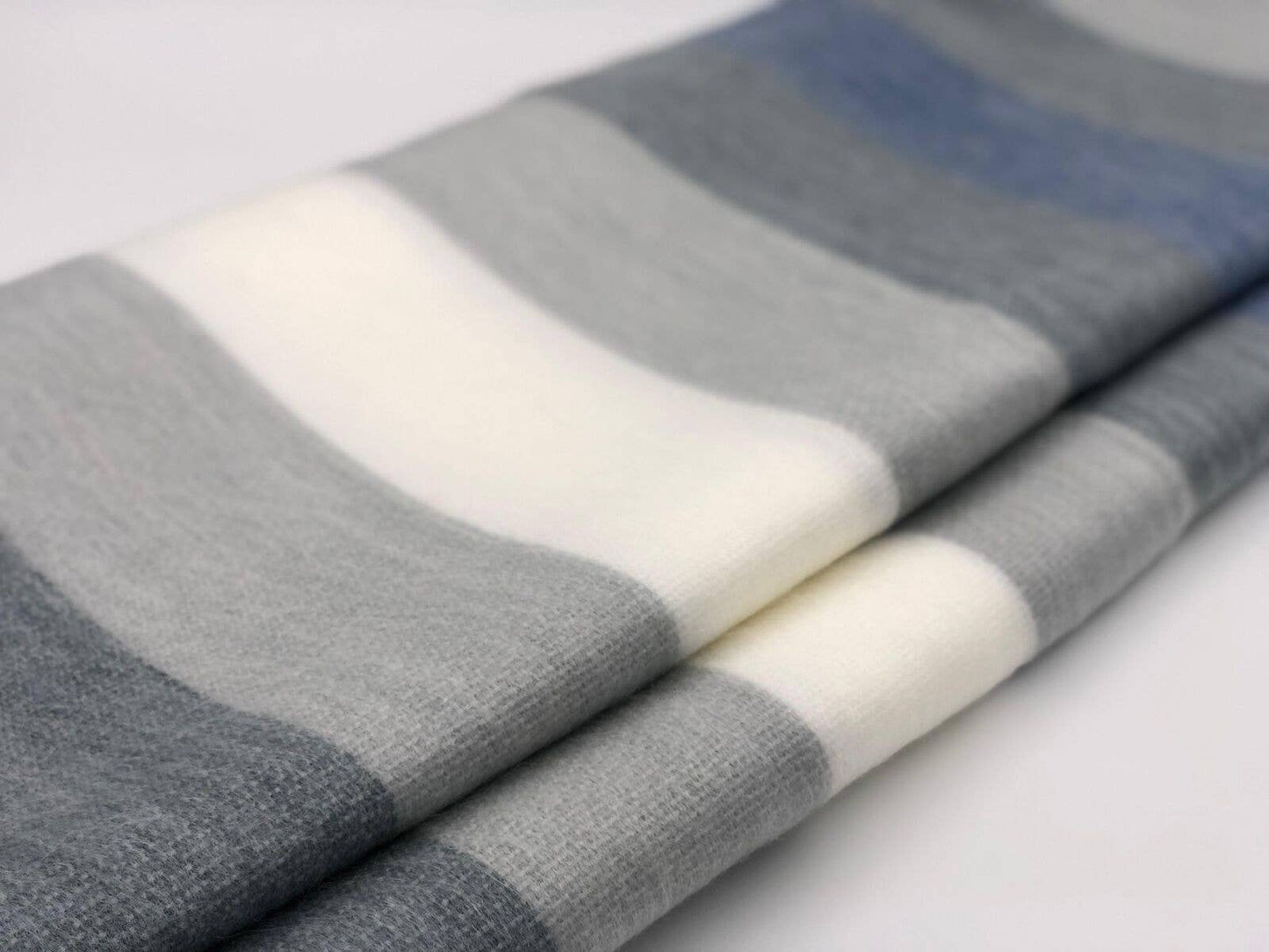 Soft & Warm Baby Alpaca Wool Blanket - Queen 90" x 65" - Thick Stripes Pattern White/Blue/Gray