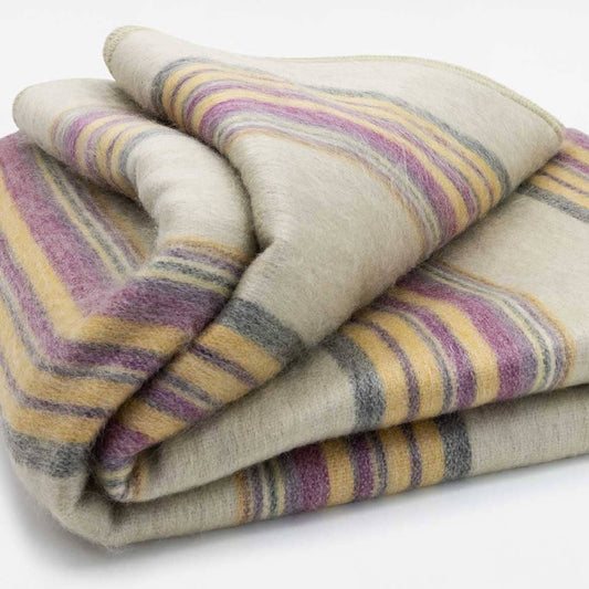 Quijos - Fine Alpaca Wool Blanket - Queen 96 x 65 in - Multicolor Stripes in Lavender, Gold & Gray