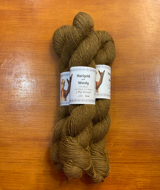 Woody and Marigold 3ply worsted 20% merino 10% tencel