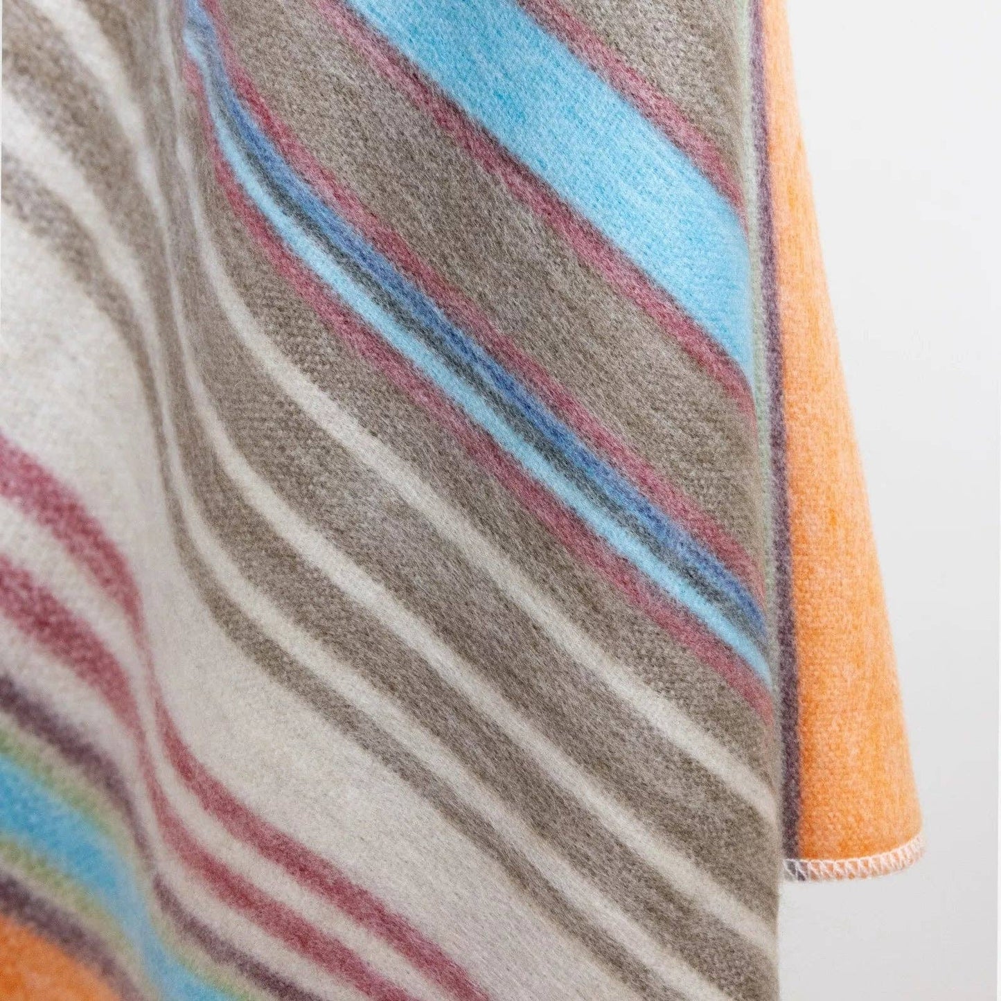 Yacullacta - Baby Alpaca Wool Blanket  - Queen 96 x 67 in - Multicolor Striped In Orange Blue Taupe