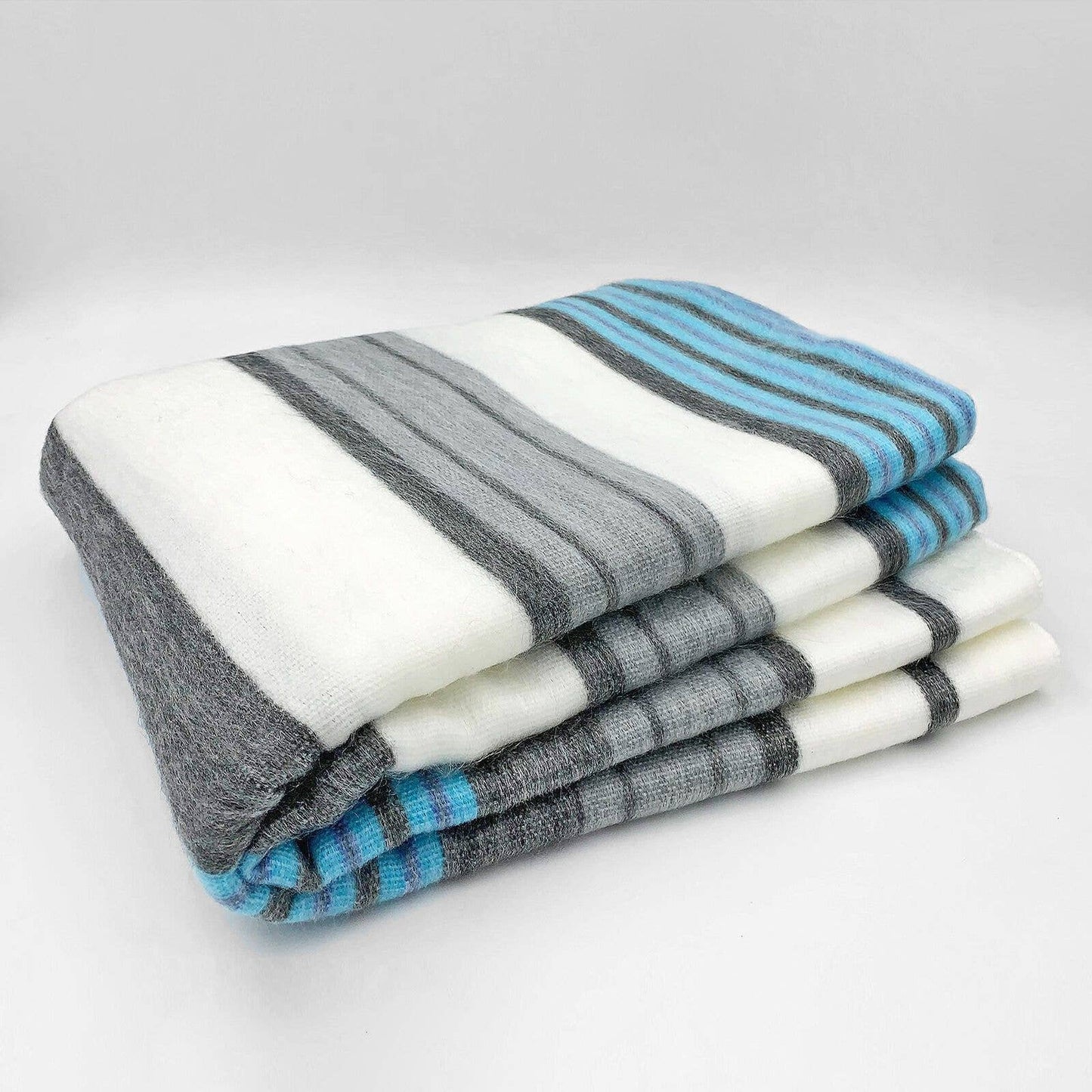 Soft & Warm Baby Alpaca Wool Blanket - Queen 90" x 65" - striped pattern white/cyan/gray