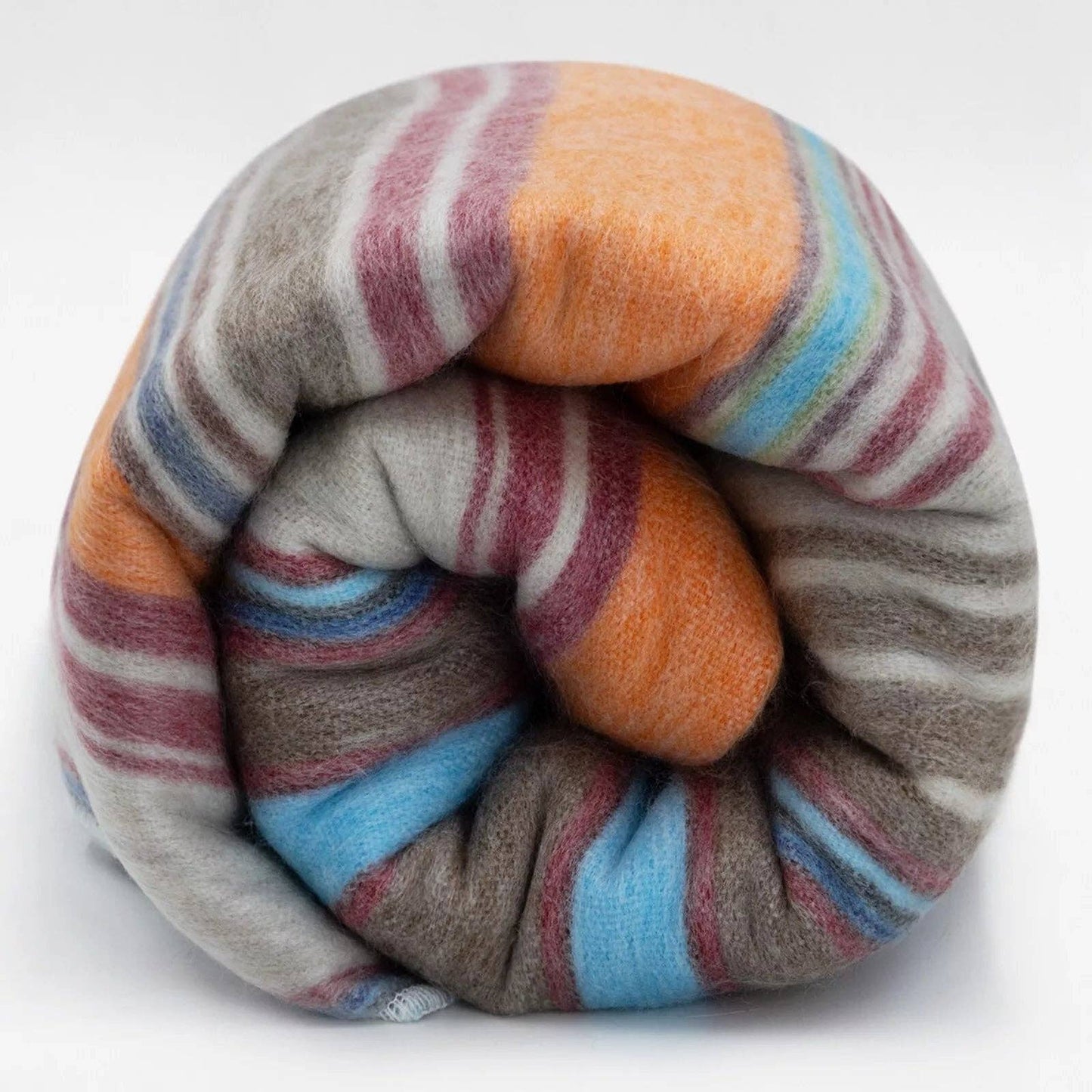 Yacullacta - Baby Alpaca Wool Blanket  - Queen 96 x 67 in - Multicolor Striped In Orange Blue Taupe