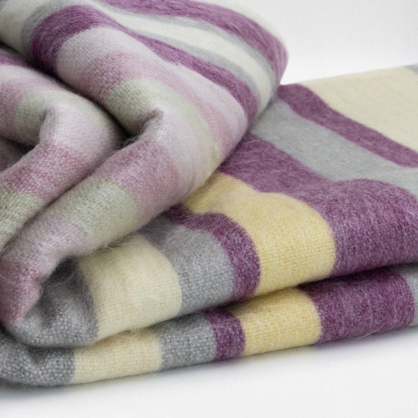 Saraguro - Baby Alpaca Wool Blanket - Queen 96 x 67 in - Multicolor Striped in Plum, Lavender, Ivory, and Grey
