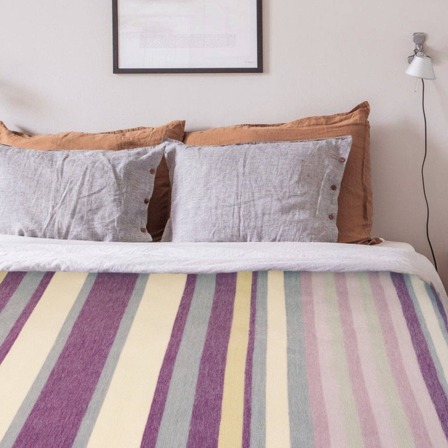 Saraguro - Baby Alpaca Wool Blanket - Queen 96 x 67 in - Multicolor Striped in Plum, Lavender, Ivory, and Grey