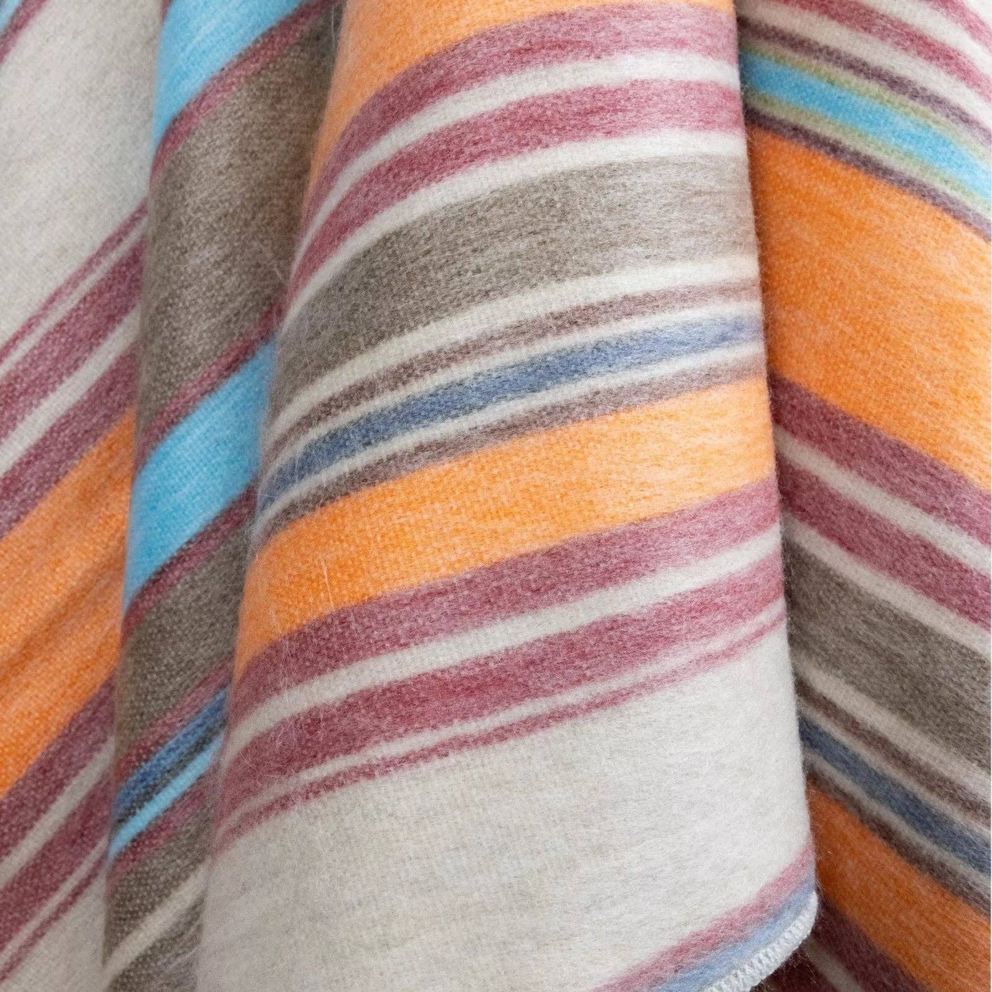 Yacullacta - Baby Alpaca Wool Blanket  - Queen 96 x 67 in - Multicolor Striped In Orange Blue Taupe