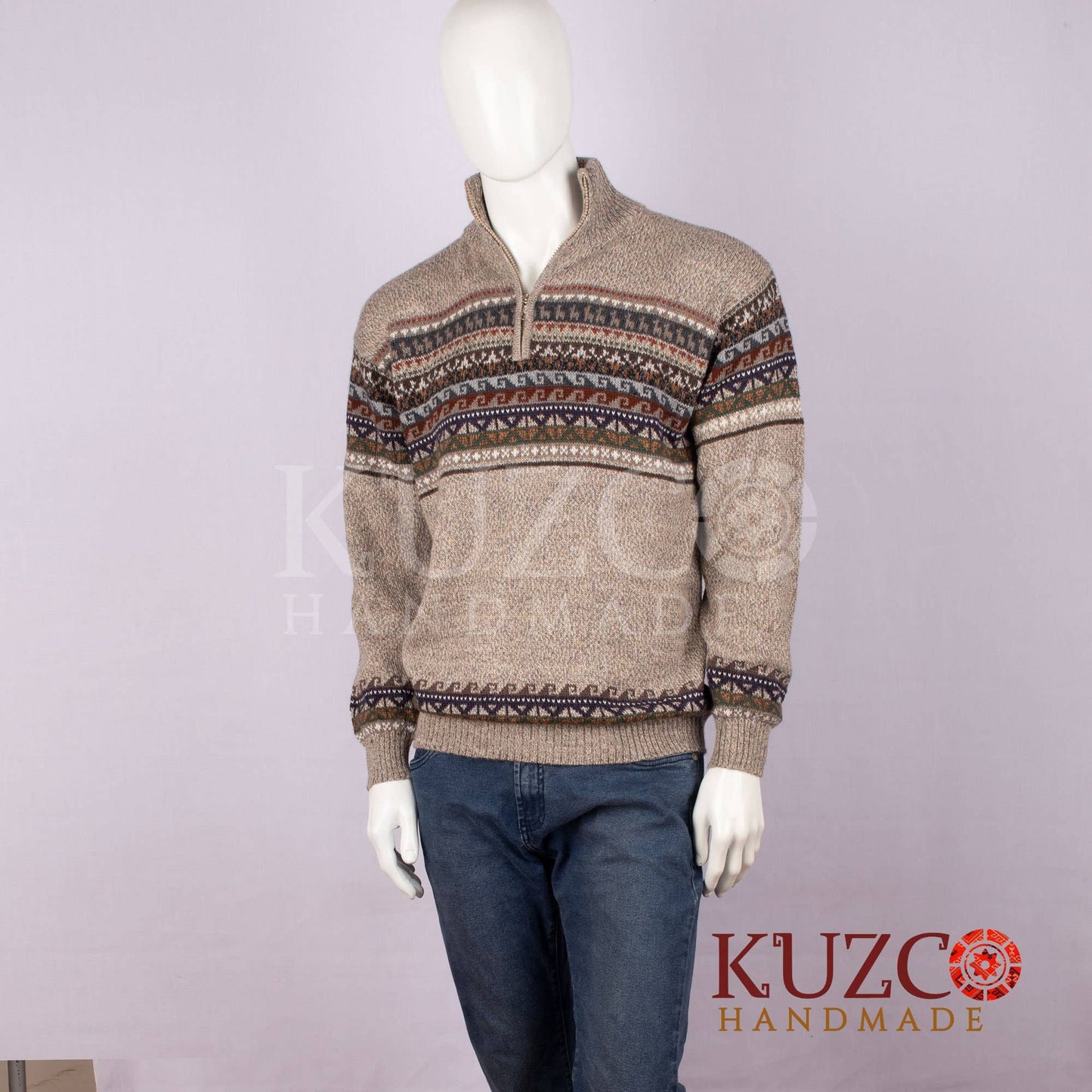 Men's Hand Knitted Alpaca Wool Zip Neck Cardigan Sweater