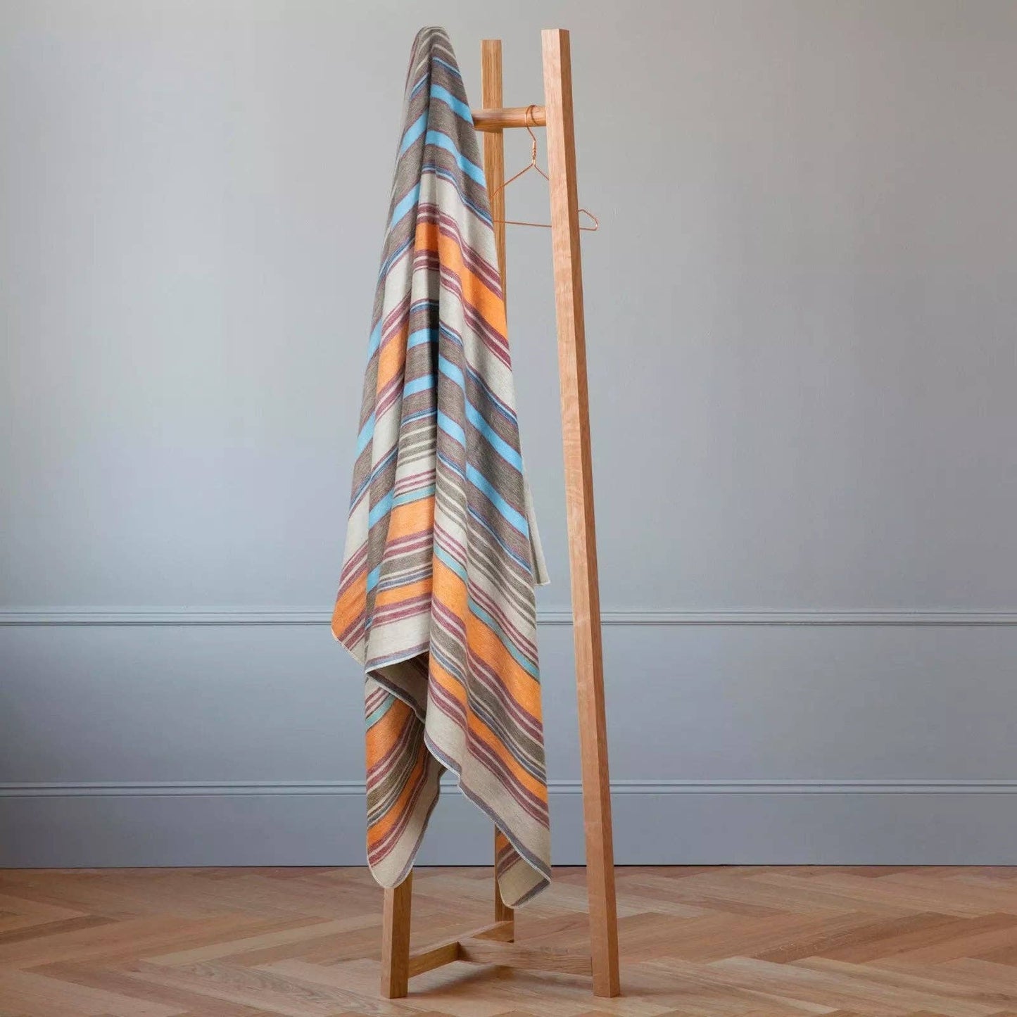Yacullacta - Baby Alpaca Wool Blanket  - Queen 96 x 67 in - Multicolor Striped In Orange Blue Taupe