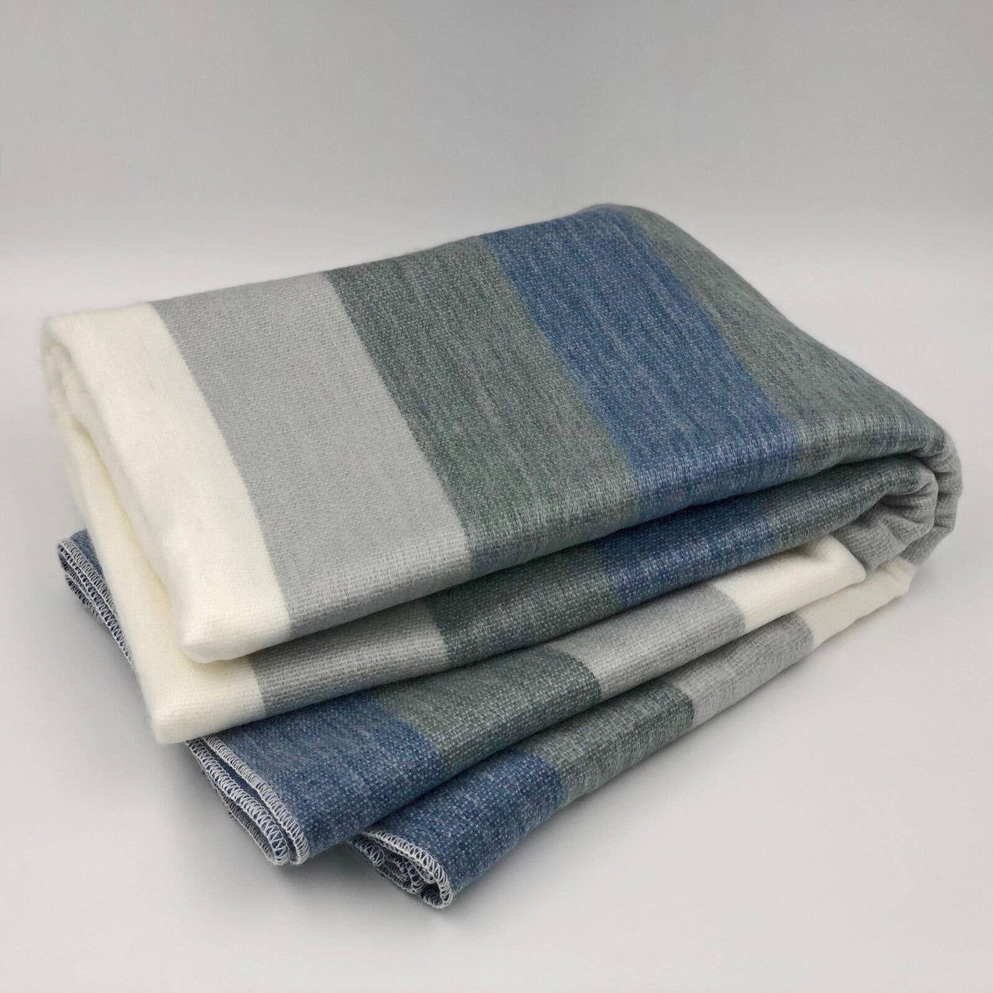 Soft & Warm Baby Alpaca Wool Blanket - Queen 90" x 65" - Thick Stripes Pattern White/Blue/Gray