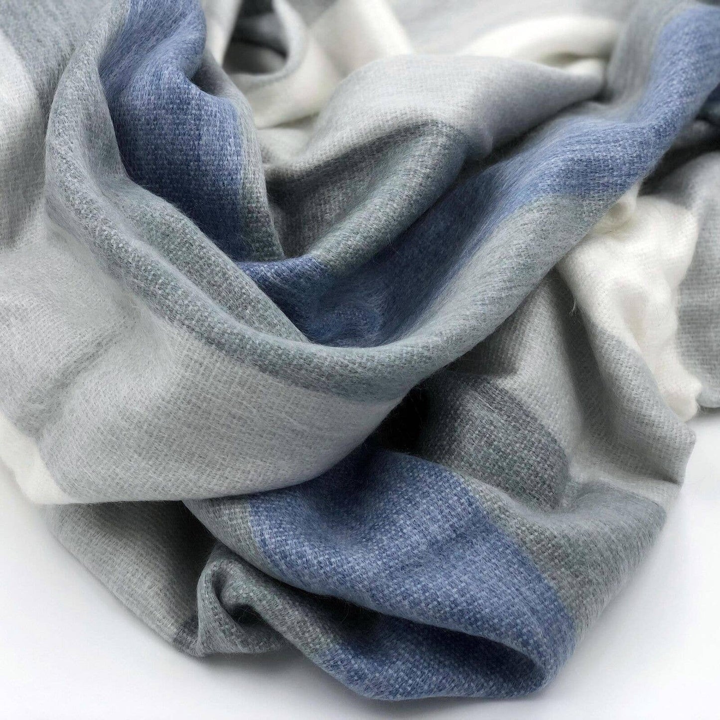 Soft & Warm Baby Alpaca Wool Blanket - Queen 90" x 65" - Thick Stripes Pattern White/Blue/Gray