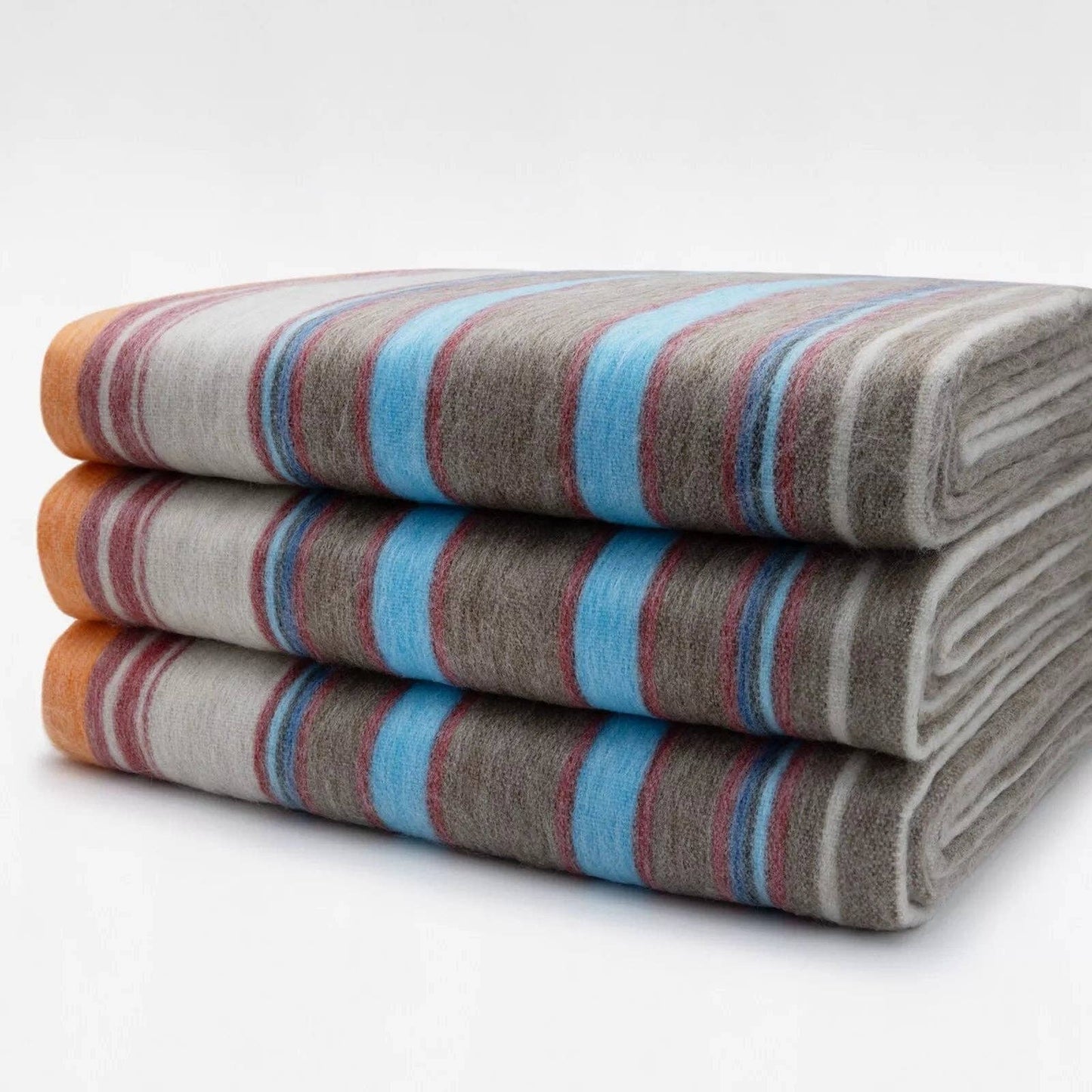 Yacullacta - Baby Alpaca Wool Blanket  - Queen 96 x 67 in - Multicolor Striped In Orange Blue Taupe