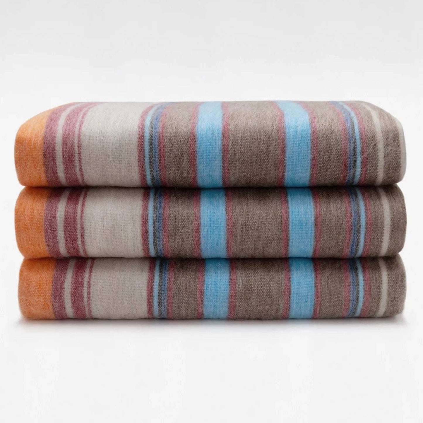 Yacullacta - Baby Alpaca Wool Blanket  - Queen 96 x 67 in - Multicolor Striped In Orange Blue Taupe