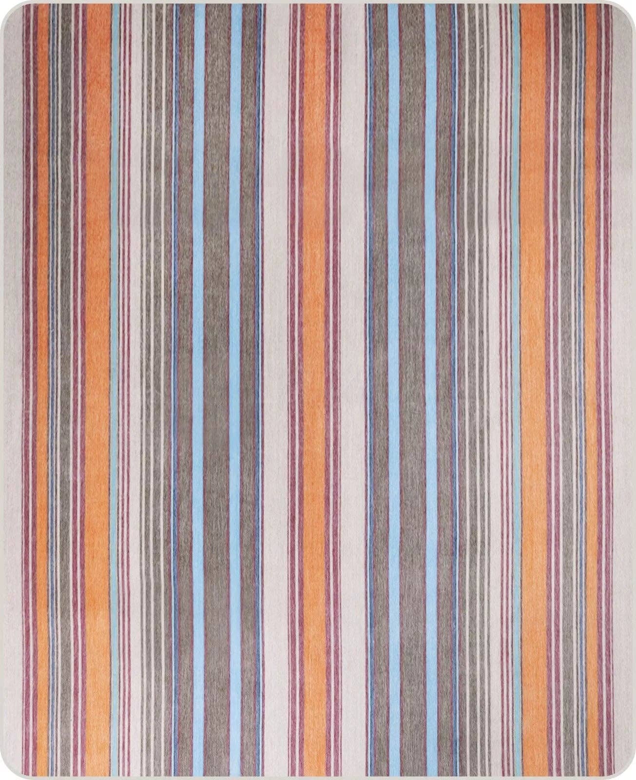 Yacullacta - Baby Alpaca Wool Blanket  - Queen 96 x 67 in - Multicolor Striped In Orange Blue Taupe