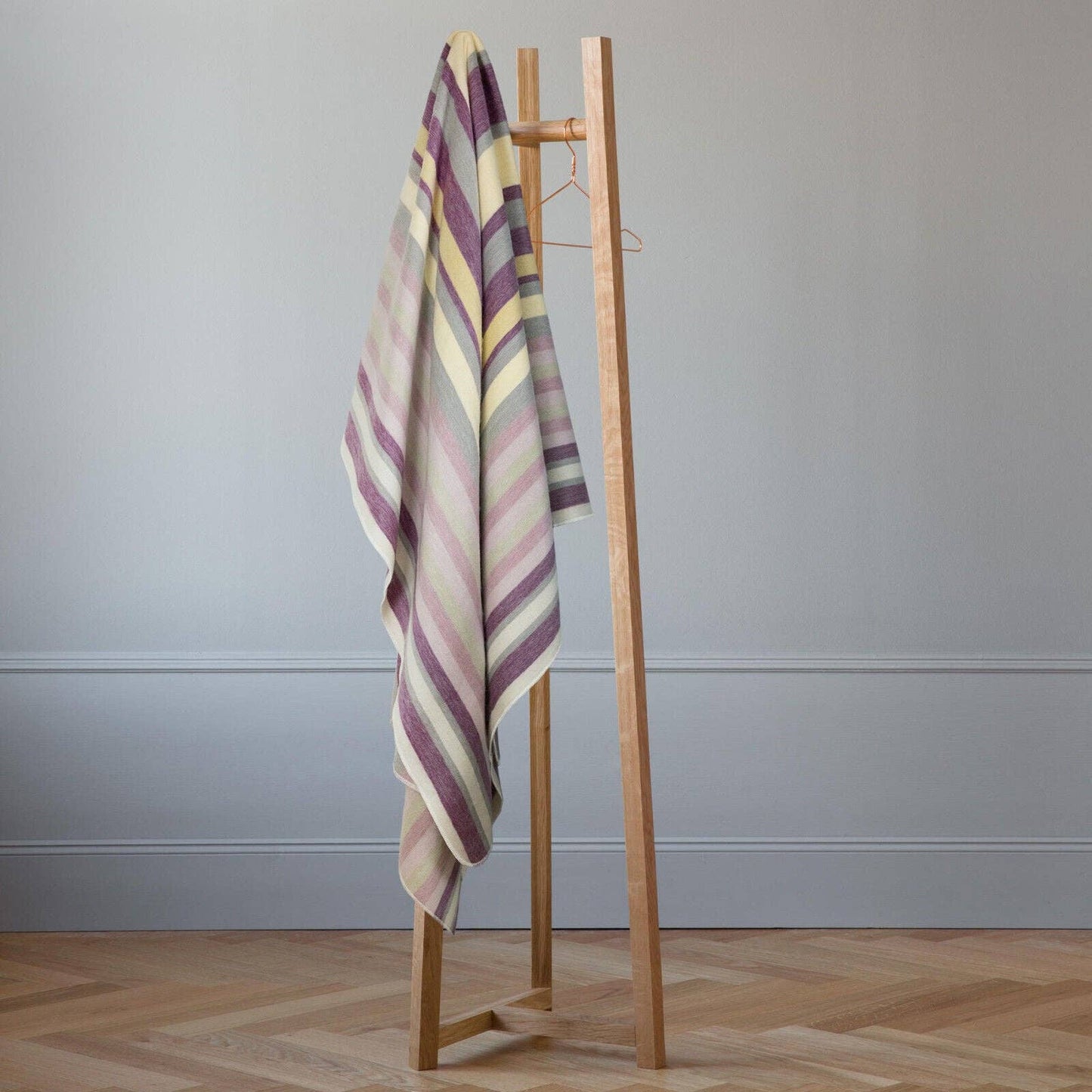 Saraguro - Baby Alpaca Wool Blanket - Queen 96 x 67 in - Multicolor Striped in Plum, Lavender, Ivory, and Grey